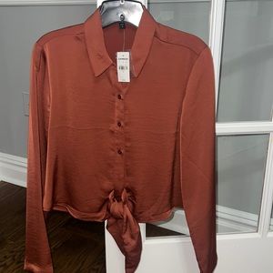 Express Satin Long Sleeve Blouse w/ Tie